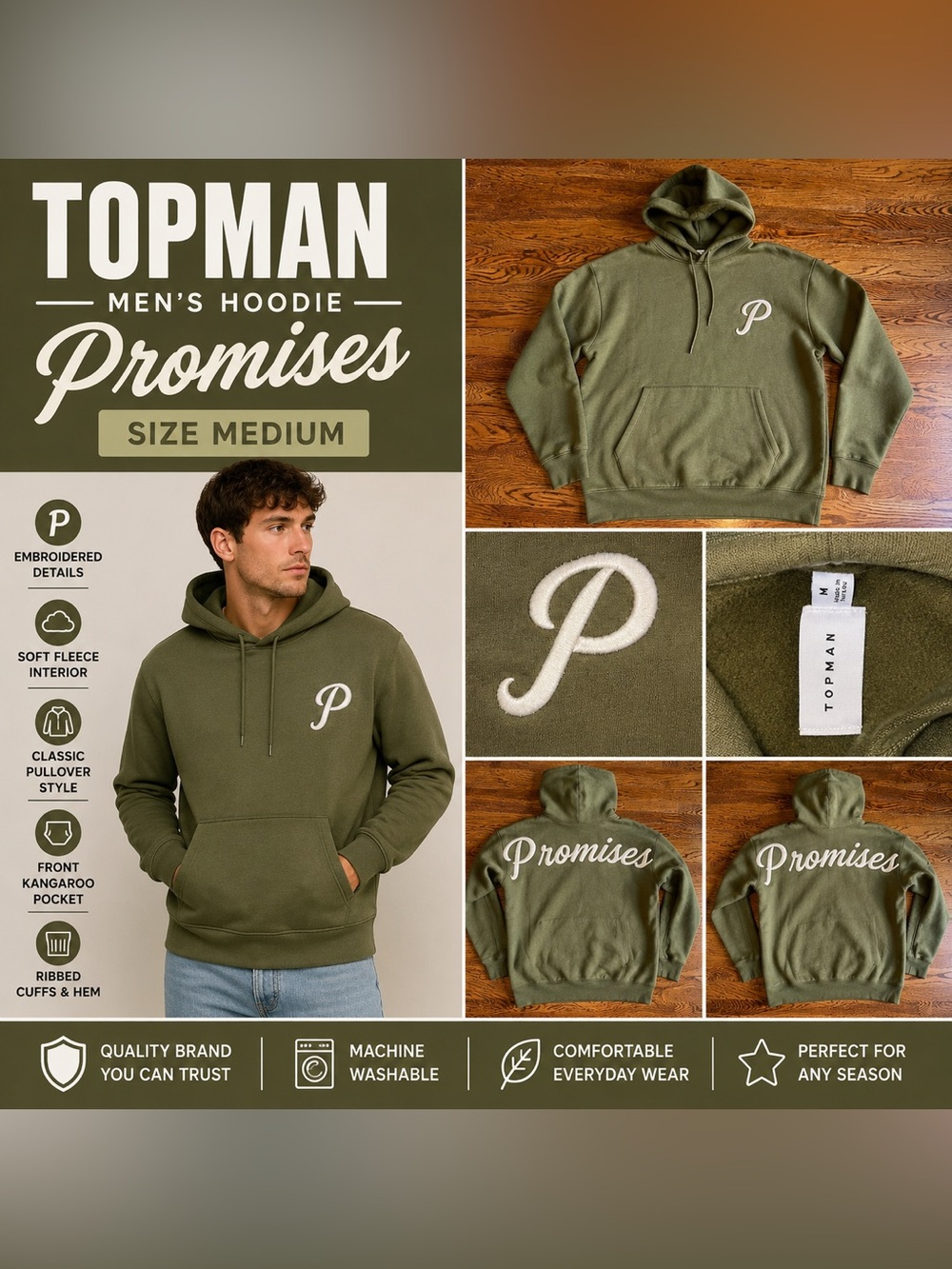 Topman Men’s Olive Green Promises Embroidered Hoodie Size Medium